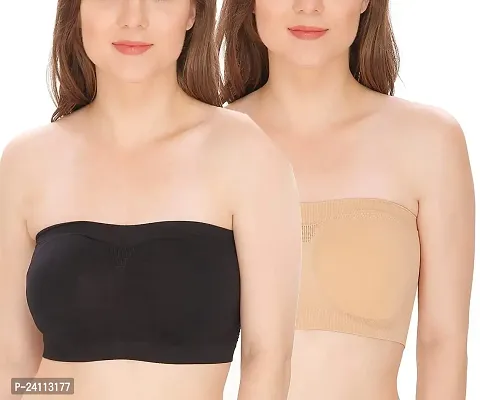 De-Ultimate Set of 2 Pcs Women's and Girls Comfortable Cotton Black and Beige Stretchable Strapless Tube Bra for Sport, Gym, Yoga, Running, Dancing, Cycling (Free Size)
