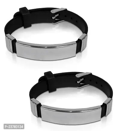 De-Ultimate (Set Of 2 Pcs) Unisex Black  Silver Fashionable Casual Style Daily Use Silicone Strap With Geometric Metal Funky Classic Sports Friendship Wrist Band Bangle Bracelet With Buckle Lock