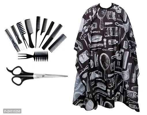 De-Ultimate Combo Of Hair Styling Salon Combs,Scissors With Black Printed Hair Cutting Sheet