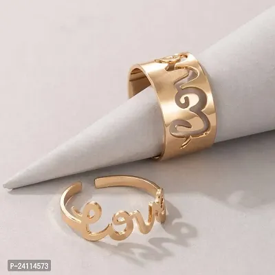 De-Ultimate (Rose-Gold Color) Valentine's Day Adjustable Size Romantic Couple Friendship Promise Matching Punk Love Name Letter Design Open-Cuff Finger Trendy Dainty Rings Set-thumb2