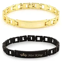 De-Ultimate (Set of 2 Pcs) Valentine's Day Special Metal (6.5cm Diameter) His Queen and Her King Crown Romantic Love Couple Bracelet for Boy's and Girl's (Golden/Black)-thumb2