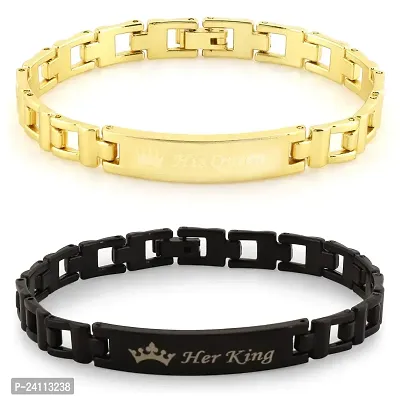 De-Ultimate (Set of 2 Pcs) Valentine's Day Special Metal (6.5cm Diameter) His Queen and Her King Crown Romantic Love Couple Bracelet for Boy's and Girl's (Golden/Black)-thumb3