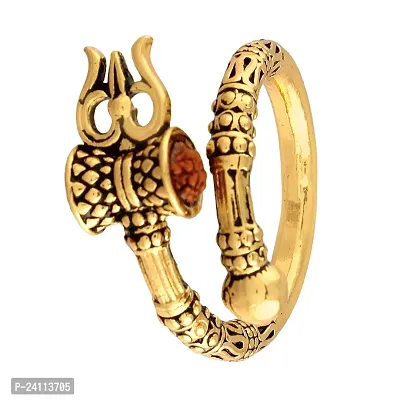 De-Ultimate (Set Of 2) Men's and Women's Adjustable Stylish Trending Rudraksha Oxidized Mahakal Shiva Trishul Damroo Designer Bahubali Cuff Finger Ring (Free Size) (Golden)-thumb3