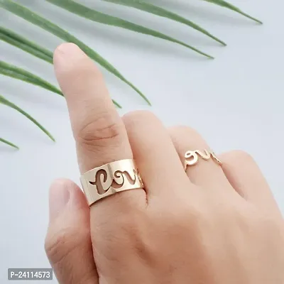 De-Ultimate (Rose-Gold Color) Valentine's Day Adjustable Size Romantic Couple Friendship Promise Matching Punk Love Name Letter Design Open-Cuff Finger Trendy Dainty Rings Set-thumb3