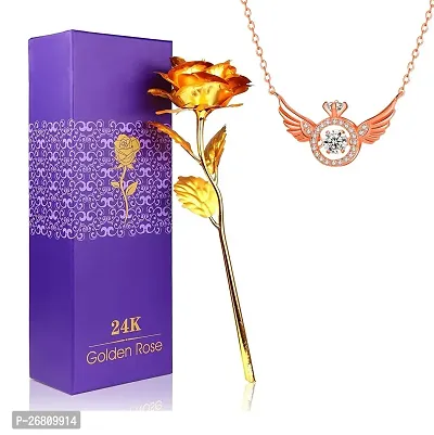 De-Ultimate JX000312-01 Yellow Rose Flower with Rose Gold Leaf with Nug Studed Beating Heart Angel Wings Locket Pendant Valentine Gift for Girlfriend, Boyfriend, Husband and Wife Special Gift Pack