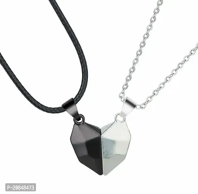 De-Ultimate Black  Silver Valentine's Day Special I Love You Diamond Cut Design Magnetic Distance Broken Heart Shape Love Couple Promise 2 In 1 Duo Locket Pendant With Clavicle Chain  Rope-thumb0