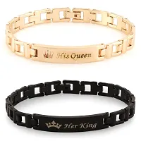 De-Ultimate (Set of 2 Pcs) Valentine's Day Special Metal (6.5cm Diameter) His Queen and Her King Crown Romantic Love Couple Bracelet for Boy's and Girl's (Rose Gold/Black)-thumb2