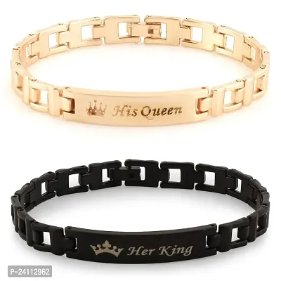 De-Ultimate (Set of 2 Pcs) Valentine's Day Special Metal (6.5cm Diameter) His Queen and Her King Crown Romantic Love Couple Bracelet for Boy's and Girl's (Rose Gold/Black)-thumb3