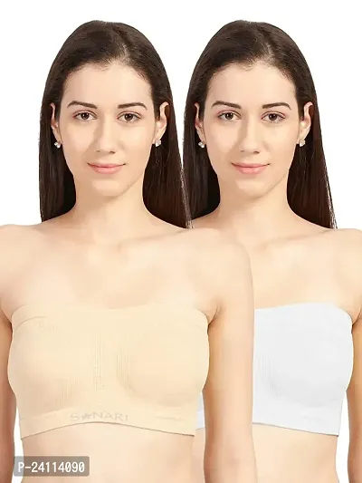 De-Ultimate Set of 2 Pcs Women's and Girls Comfortable Cotton Beige and White Stretchable Strapless Tube Bra for Sport, Gym, Yoga, Running, Dancing, Cycling (Free Size)-thumb0