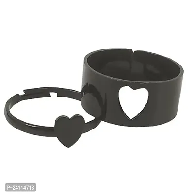 De-Ultimate (Black Color) Adjustable Size Valentine's Day Romantic Couple Friendship Promise Matching Punk Fashion Heart Design Open-Cuff Finger Trendy Dainty Rings Set