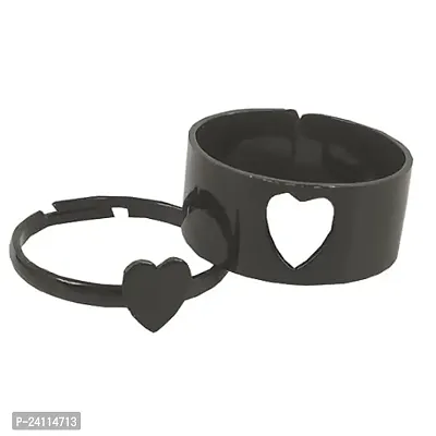 De-Ultimate (Black Color) Adjustable Size Valentine's Day Romantic Couple Friendship Promise Matching Punk Fashion Heart Design Open-Cuff Finger Trendy Dainty Rings Set-thumb0