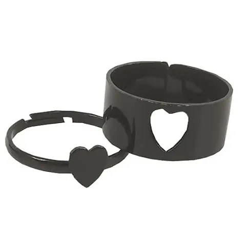 De-Ultimate (Black Color) Adjustable Size Valentine's Day Romantic Couple Friendship Promise Matching Punk Fashion Heart Design Open-Cuff Finger Trendy Dainty Rings Set