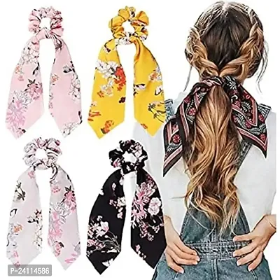 De-Ultimate (Set of 12 Pcs) Hair Scrunchy/scrunchies Detachable Bowknot Satin Bohemian Chiffon Long Tail Elastics Ribbon Ear Bow Pattern Scarf Vintage Ponytail Holder Ties Ropes Hair Bands/head Band