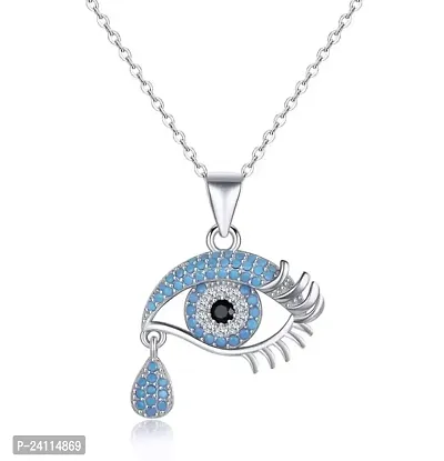 De-Ultimate Silver Valentine's Day Special AD Blue Diamond/Nug Stone Engraved/Studed Evil Eye Lashes With Teardrop Nazar Suraksha Kavach Locket Pendant Charm Necklace With Clavicle Chain