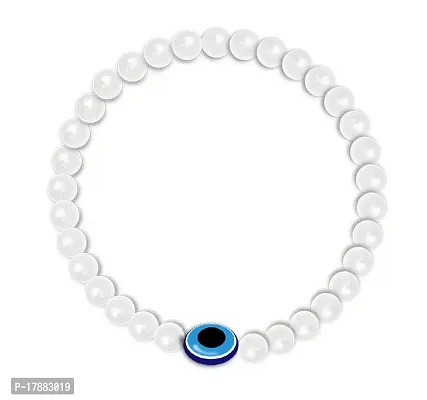 De-Ultimate Stretchable Elastic White 8mm Moti Beads/Stone Evil Eye Nazar Suraksha Kavach Freindship Wrist Band Cuff Bracelet