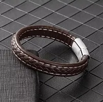 De-Ultimate Unisex Brown  Silver Casual Style Daily Use Braided Leatherette Rope Cutting Wraps Strap Ponytail Design Sports Stainless Steel Friendship Wrist Gym Band Bangle Bracelet With Buckle Lock-thumb1