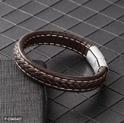 De-Ultimate Unisex Brown  Silver Casual Style Daily Use Braided Leatherette Rope Cutting Wraps Strap Ponytail Design Sports Stainless Steel Friendship Wrist Gym Band Bangle Bracelet With Buckle Lock-thumb2