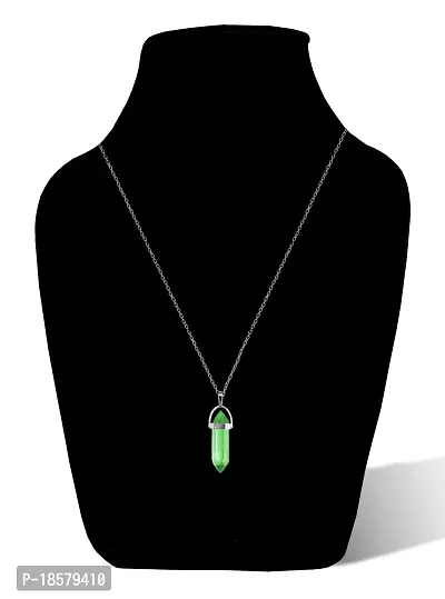 De-Ultimate (Pack Of 2 Pcs) Green Glass Healing Crystal Hexagonal Point Prism Pencil Shape Locket Pendant Necklace With Clavicle Chain For Girl's  Women-thumb3