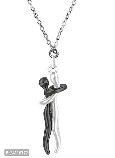 De-Ultimate Unisex Black  Silver Stainless Steel Love Couple Hugging Embrace Statement Promise Hug Me Locket Pendant Necklace With Clavicle Chain For Valentine's Day, Anniversary  Dating