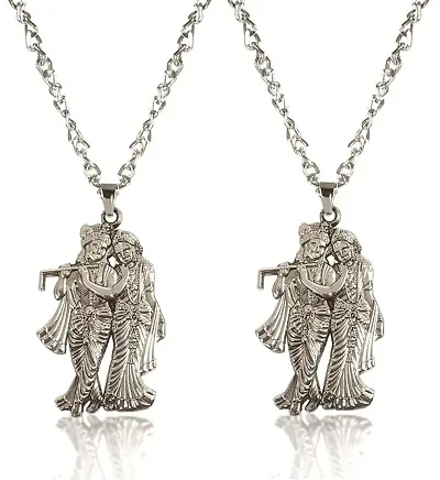 De-Ultimate (Set Of 2 Pcs) Metal Unisex Silver Color God Lord Shri Radha Krishna/Thakur Ji/Govinda/Kanha With Basuri/Murli Pendant Locket Necklace With Chain