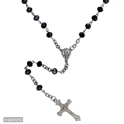 De-Ultimate Unisex 8mm Black Stone Crucifix Rosary Crystal Moti Pearl Beads Metal Lord Holy Jesus Christ Cross Christian Isa Masih Christmas Saint Praying Locket Pendant Necklace With Chain