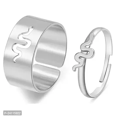 De-Ultimate (Silver Color) Adjustable Size Valentine's Day Romantic Couple Friendship Promise Matching Punk Fashion Creative Snake Design Open-Cuff Finger Dainty Trendy Rings Set