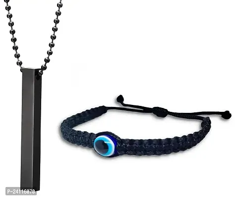 De-Ultimate Combo Of CMB7973 Unisex 3D Vertical Bar Cuboid Stick Custom Name Locket Pendant Necklace And Adjustable Single Evil Eye Nazar Suraksha Kavach Wrist Band Cuff Rope Dori Bracelet-thumb0