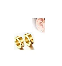 De-Ultimate (2 Pair) CMB7337 Trendy Black And Golden Round Shaped Press Non-Piercing Style Clip On Metal Barbell Earring Hoop Bali Stud For Men And Women-thumb2