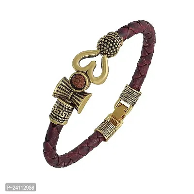 De-Ultimate Adjustable (Brown Color) Unisex Antique Stylish Trending Rudraksha Beads Oxidized Shiva Om Mahakal Trishul Damroo Designer Bahubali Cuff Leather Dyed Rope Kada Wrist Band/Belt Bracelets-thumb0