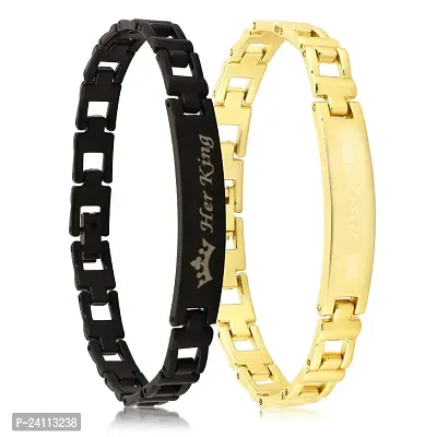 De-Ultimate (Set of 2 Pcs) Valentine's Day Special Metal (6.5cm Diameter) His Queen and Her King Crown Romantic Love Couple Bracelet for Boy's and Girl's (Golden/Black)