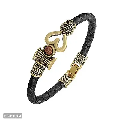 De-Ultimate Adjustable (Black Color) Unisex Antique Stylish Trending Rudraksha Beads Oxidized Shiva Om Mahakal Trishul Damroo Designer Bahubali Cuff Leather Dyed Rope Kada Wrist Band/Belt Bracelets