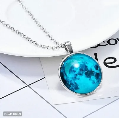 Utkarsh Unisex Stainless Steel Trending Romantic Glow In The Dark Rising Blue Moon Handmade Crystal Glass Dome Lunar Eclipse Alloy Luminous Pendant Necklace With Chain-thumb2