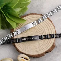 De-Ultimate (Set of 2 Pcs) Valentine's Day Special Metal (6.5cm Diameter) His Queen and Her King Crown Romantic Love Couple Bracelet for Boy's and Girl's (Silver/Black)-thumb4