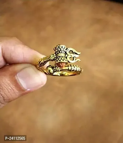 De-Ultimate Men's and Women's Adjustable Stylish Trending Rudraksha Oxidized Mahakal Shiva Trishul Damroo Designer Bahubali Cuff Finger Ring (Free Size) (Golden)-thumb3
