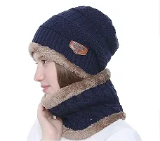 De-Ultimate Navy Blue Men and Women Winter Woolen Thick Knitted Stretchable Soft Fleece Fur Lined Neck Muffler/neckwarmer Double Layer Scarf/scarves With Woolen Beanie Skull Hat/Cap for Cold Weather-thumb1