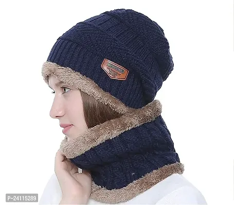 De-Ultimate Navy Blue Men and Women Winter Woolen Thick Knitted Stretchable Soft Fleece Fur Lined Neck Muffler/neckwarmer Double Layer Scarf/scarves With Woolen Beanie Skull Hat/Cap for Cold Weather-thumb2