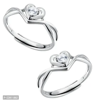 De-Ultimate (Set Of 2 Pcs) Silver Color Stainless Steel Valentine's Day Adjustable Size Crystal Round Cut Diamond Nug/Stone Studded Romantic Love Heart Shape Finger/Knuckle Rings For Girl's  Women's