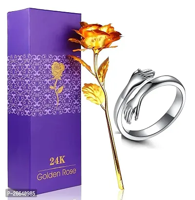 De-Ultimate JX000289-01 Combo of Artificial Yellow Rose Flower with Silver Hug Ring Valentine Gift for Girlfriend, Boyfriend, Husband and Wife Special Gift Pack