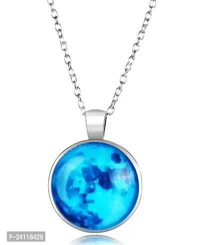 Utkarsh Unisex Stainless Steel Trending Romantic Glow In The Dark Rising Blue Moon Handmade Crystal Glass Dome Lunar Eclipse Alloy Luminous Pendant Necklace With Chain-thumb0
