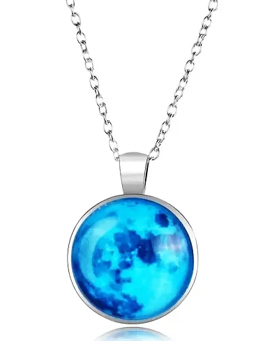 Utkarsh Unisex Stainless Steel Trending Romantic Glow In The Dark Rising Blue Moon Handmade Crystal Glass Dome Lunar Eclipse Alloy Luminous Pendant Necklace With Chain