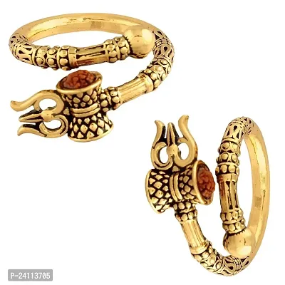 De-Ultimate (Set Of 2) Men's and Women's Adjustable Stylish Trending Rudraksha Oxidized Mahakal Shiva Trishul Damroo Designer Bahubali Cuff Finger Ring (Free Size) (Golden)-thumb0