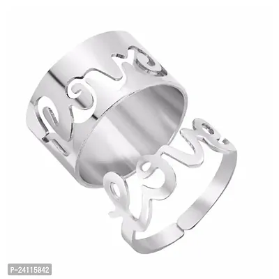 De-Ultimate (Silver Color) Valentine's Day Adjustable Size Romantic Couple Friendship Promise Matching Punk Love Name Letter Design Open-Cuff Finger Trendy Dainty Rings Set