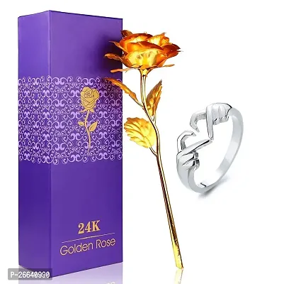 De-Ultimate JX000293-01 Combo of Artificial Yellow Rose Flower with Silver Heart/dil Ring Valentine Gift for Girlfriend, Boyfriend, Husband and Wife Special Gift Pack