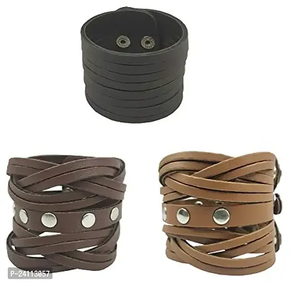 De-Ultimate CMB7237 (Set Of 3 Pcs) Funky Punk Stylish Trending Fashionable Dynamic Casual Cutting Braided Leatherite Wraps Dyed Rope Handmade Broad Friendship Cuff Wrist Gym Band/Bracelet Strap-thumb0