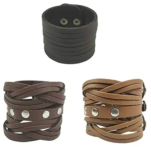 De-Ultimate CMB7237 (Set Of 3 Pcs) Funky Punk Stylish Trending Fashionable Dynamic Casual Cutting Braided Leatherite Wraps Dyed Rope Handmade Broad Friendship Cuff Wrist Gym Band/Bracelet Strap