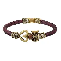 De-Ultimate Adjustable (Brown Color) Unisex Antique Stylish Trending Rudraksha Beads Oxidized Shiva Om Mahakal Trishul Damroo Designer Bahubali Cuff Leather Dyed Rope Kada Wrist Band/Belt Bracelets-thumb1