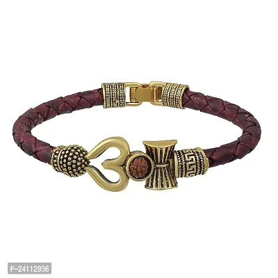 De-Ultimate Adjustable (Brown Color) Unisex Antique Stylish Trending Rudraksha Beads Oxidized Shiva Om Mahakal Trishul Damroo Designer Bahubali Cuff Leather Dyed Rope Kada Wrist Band/Belt Bracelets-thumb2