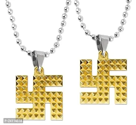 De-Ultimate (Set Of 2 Pcs) Metal Golden Fancy  Stylish Swastik Satya Symbol/Sign Pyramid Design Vastu/Feng Shui Yantra Pendant Locket Necklace With Ball Chain