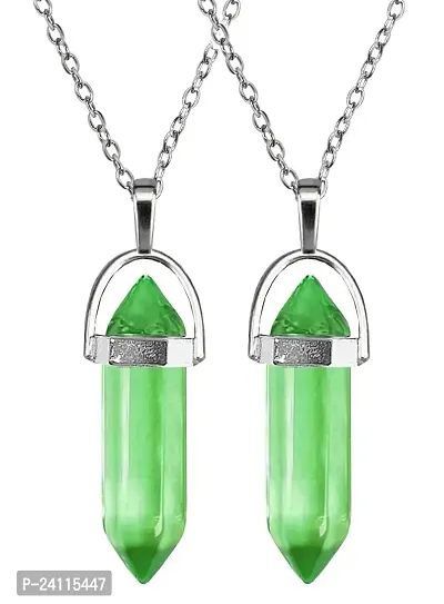 De-Ultimate (Pack Of 2 Pcs) Green Glass Healing Crystal Hexagonal Point Prism Pencil Shape Locket Pendant Necklace With Clavicle Chain For Girl's  Women-thumb0