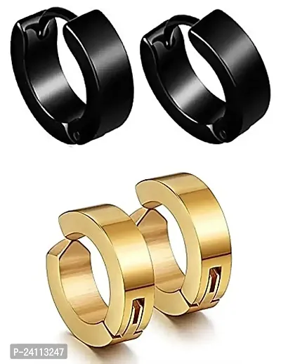 De-Ultimate (2 Pair) CMB7335 Trendy Black And Golden Round Shaped Press Screw Pierced And Non-Piercing Style Clip On Metal Barbell Earring Hoop Bali Stud For Men And Women-thumb0